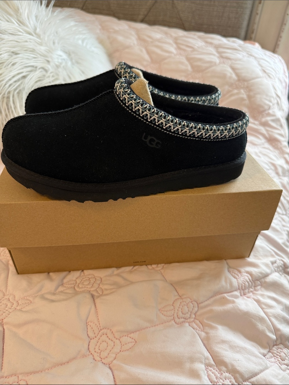 UGG Black Suede Slip-On Clog with Braided Trim. Comes in original box.